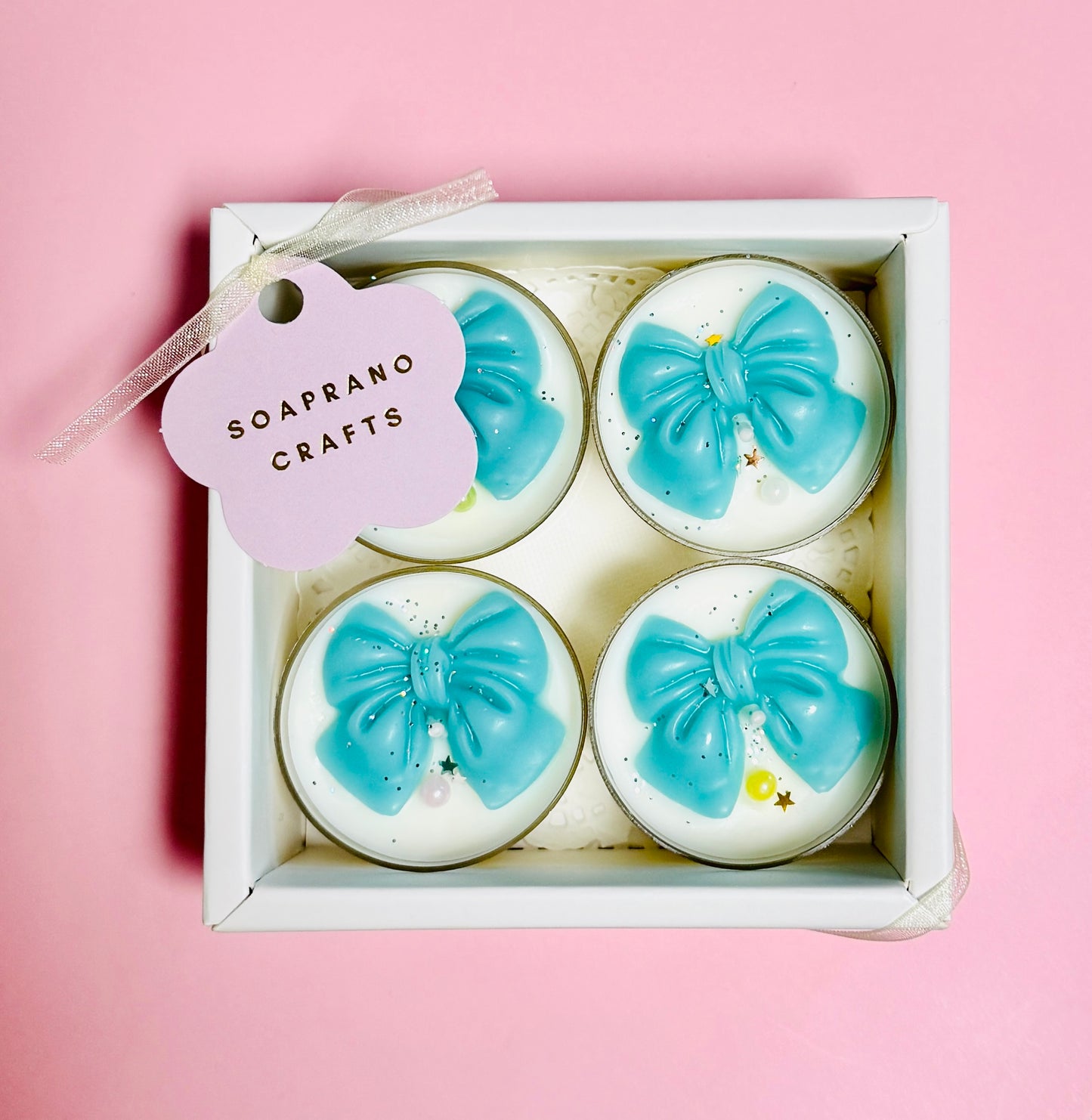 Aqua Ribbon Tealight Candle Set(4 in a box)